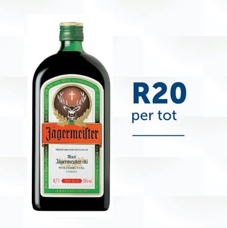 Jagermeister bottle on display with a price per tot square image
