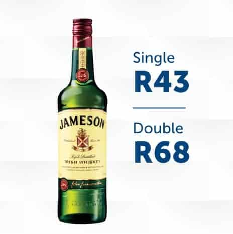 Jameson bottle single and double tot price on display square image